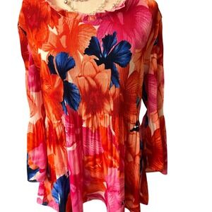 Chloe + Rene 1X Floral Boho Blouse Pink Orange Flowy Peplum Plus Size Top